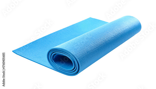 Rolled blue yoga mat on black background, partially unrolled