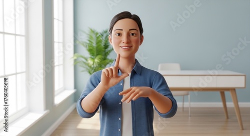 3D avatar gestures. Room is minimal, blue walls, desk, plant, neutral