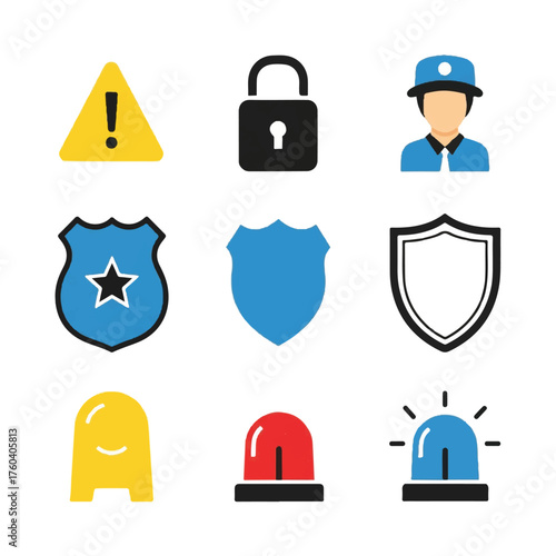 Flat 2D vector icons depicting various security and safety symbols on a white background.