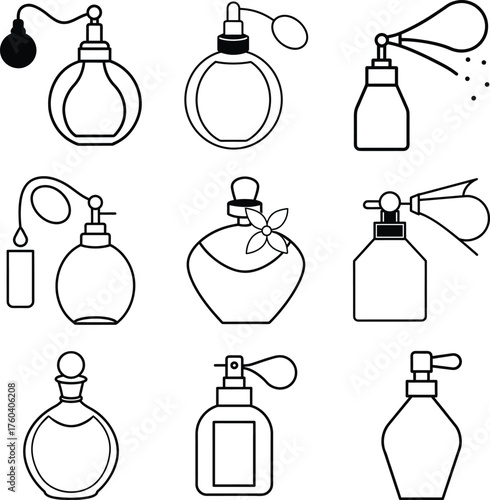 Perfume Bottle Icons Vector Set Fragrance and Beauty Product Outline Illustration