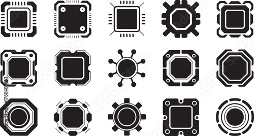 Black vector icons of computer chips and electronic components circuit technology