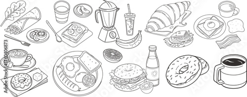 Breakfast doodle set with hand drawn coffee, donut, sandwich, croissant, juice, toast, bacon, eggs, fruit, and smoothie. Cute food line art illustration for , restaurant, or menu design.