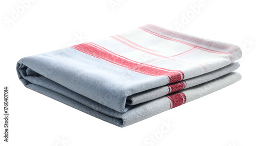 Folded plaid fabric with red stripes on light gray background