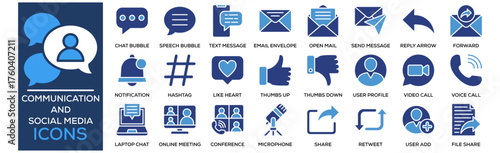 Communication and Social Media icon collection set. Containing Design Chat Bubble, Speech Bubble, Text Message, Email Envelope, Open Mail