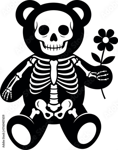 Grateful dead style skeleton teddy bear holding a flower with detailed bones and skull vector
