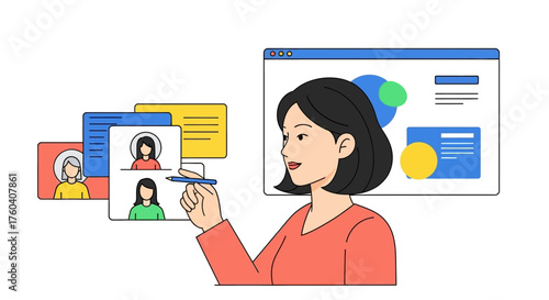 A woman using a stylus to interact with a video conferencing interface, showcasing remote collaboration.