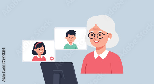 Illustration of an elderly woman video chatting with family members on a tablet.