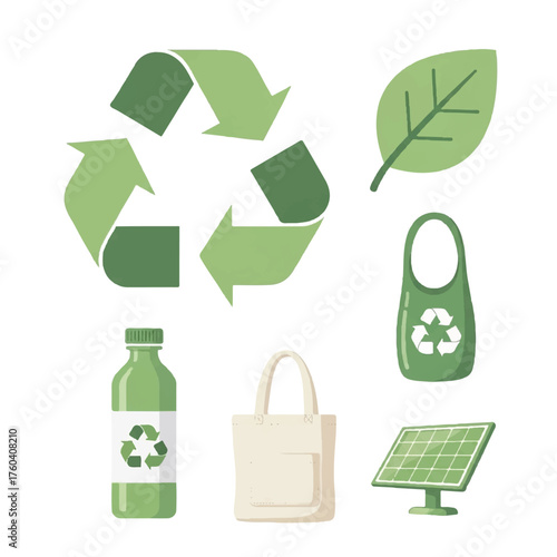 Flat 2D vector illustration of eco-friendly icons including recycling symbol, leaf, reusable bag, bottle, and solar panel on white background with green hues.