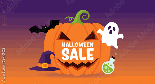 Spooky Halloween Sale graphic featuring a carved pumpkin ghost and bat Seasonal promotion banner