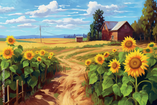 Sunflower Field in Tuscany Italy Vector Summer Landscape Illustration European Countryside Scene