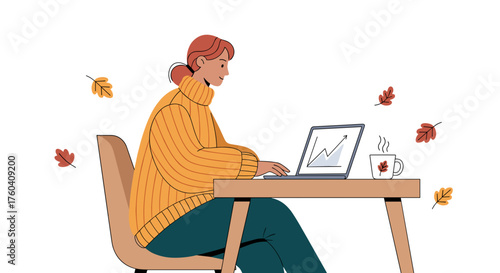 Remote work efficiency Woman in cozy sweater analyzing data during fall season