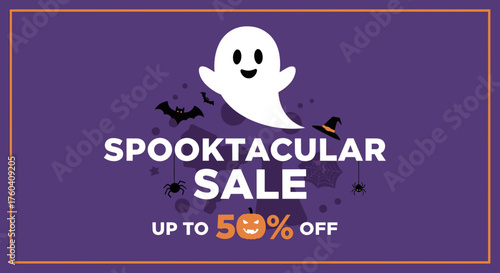 Halloween Spooktacular Sale banner with ghost and pumpkin graphic Promotional discount up to 50 off