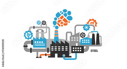 Flat vector illustration of a steel manufacturing plant industrial complex pipes and gears