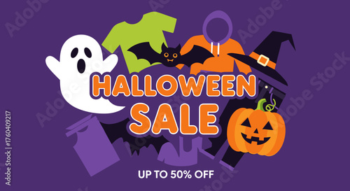 Halloween Sale banner graphic with ghost pumpkin bat and costumes