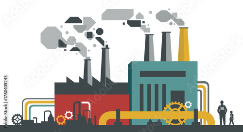Flat design industrial factory illustration Smokestacks emit pollution Manufacturing and business concept