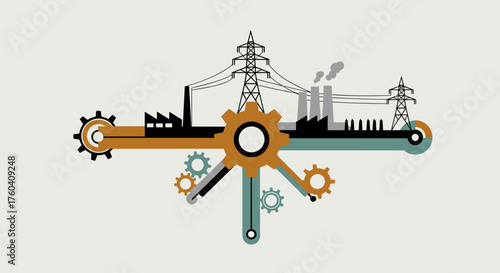 Stylized industrial system illustration with gears factories and power transmission towers