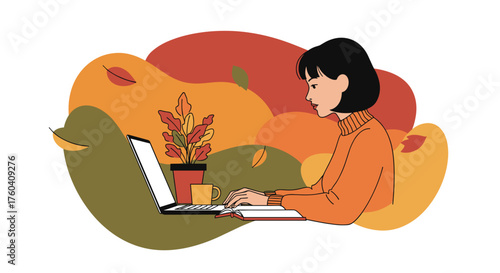 Woman working remotely on laptop in cozy autumn setting