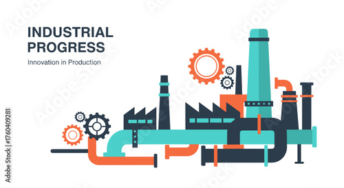 Industrial progress vector illustration Factory gears and pipes represent innovation and manufacturing