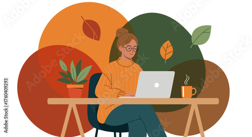 Woman working remotely using laptop at desk surrounded by autumn colors and leaves