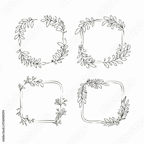 Four botanical frames featuring delicate leaves and branches arranged in circular and square shapes, creating elegant borders.