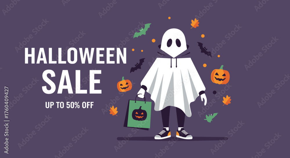 Obraz premium Halloween Sale banner featuring a ghost character holding a shopping bag with discounts