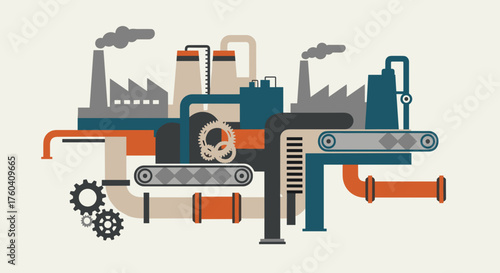 Graphic illustration of a complex factory system pipes gears smokestacks and conveyor belts