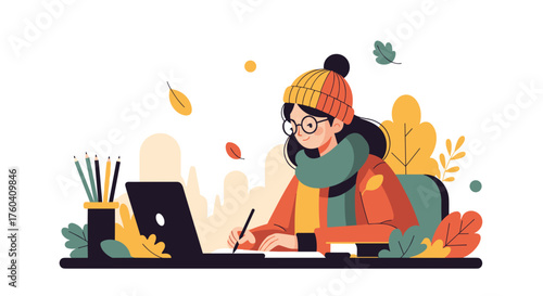 Cozy autumn work setup Woman writing notes and using a laptop with fall leaves around
