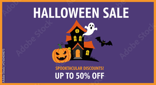 Halloween Sale banner featuring haunted house ghost jackolantern Spooktacular discounts