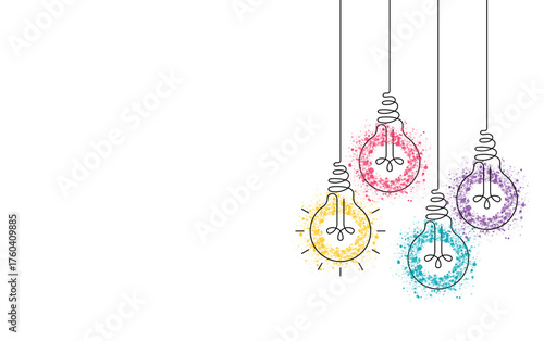 Creative colorful hanging light bulbs with splatter effect in turquoise, blue, purple, pink, and glowing yellow, vector illustration for idea and innovation concept.