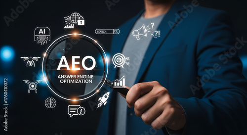 Man pointing at AEO Answer Engine Optimization icons