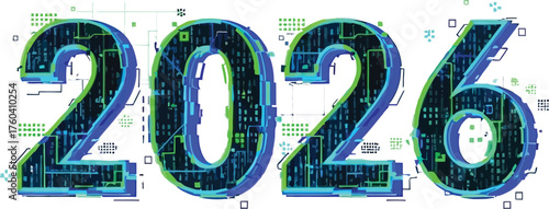 Year 2026 is displayed with a glitch effect, creating a futuristic and slightly distorted look, numbers appear to be made of digital circuits