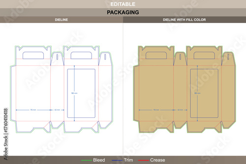 Food box with handle dieline detailed vector printing packaging template featuring structured folding panels, secure handle, and precise die line setup for pasta, snacks, or meal packaging