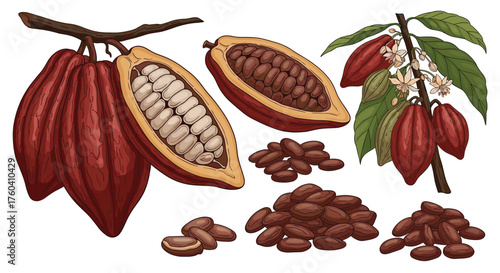 Cocoa pods seeds and flowering branch a natural source of chocolate flavor.