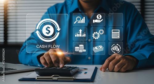 Business person calculating cash flow with digital financial icons