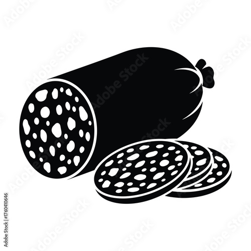 Black sausage with slices on white background salami