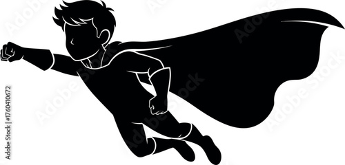 Silhouette of a young boy flying like a superhero with his cape billowing majestically behind him vector