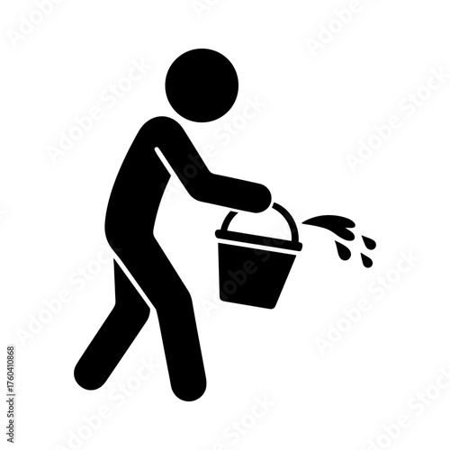 Man pouring water, stickman icon with bucket isolated silhouette