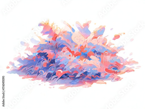 A composition with colorful pop elements scattered on a white background