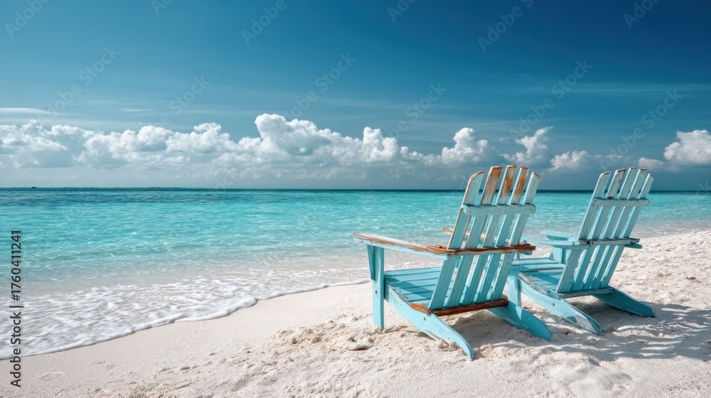 Obraz premium Two blue chairs on a sandy beach