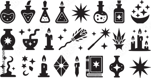 Black magic potion bottles candles broomstick wand crystal book and stars icons witch wizard