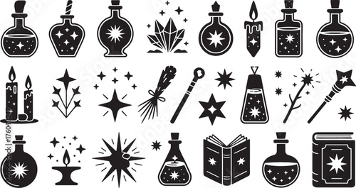 Black magic potion bottles crystals candles quill and starburst graphic elements vector