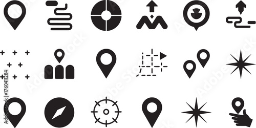 Black map pin icons compasses and navigation symbols on white background location marker pointer