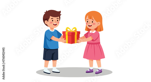 Boy and Girl Exchanging a Wrapped Gift with a Bow.