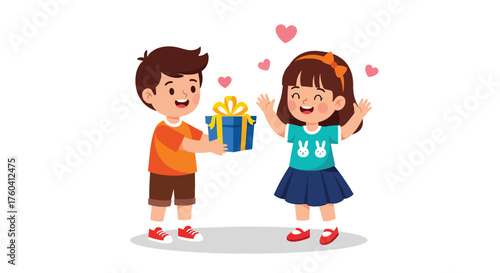 Boy giving a gift to a happy girl with hearts floating around her.