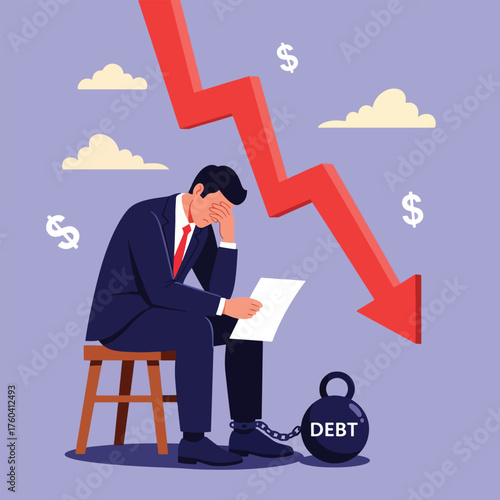 Businessman burdened by debt facing financial crisis with downward trend graph.