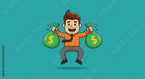 Cheerful cartoon man joyfully holding two large money bags filled with dollars.