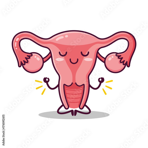 Cartoon Uterus Character Meditating in Yoga Pose.