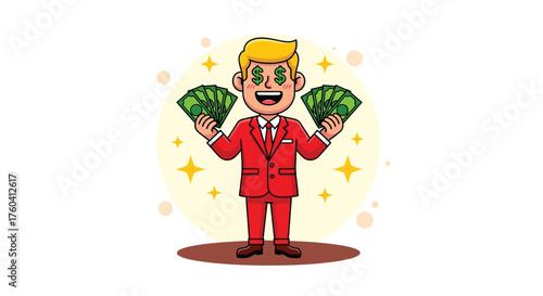 Cartoon Businessman Holding Fanned Green Banknotes with Dollar Signs in Eyes.