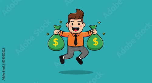 Cheerful Businessman Jumping with Two Bags of Money.