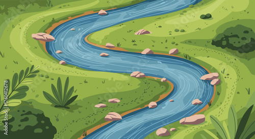 A scenic winding river flows through a vibrant green landscape with scattered rocks and lush vegetation.